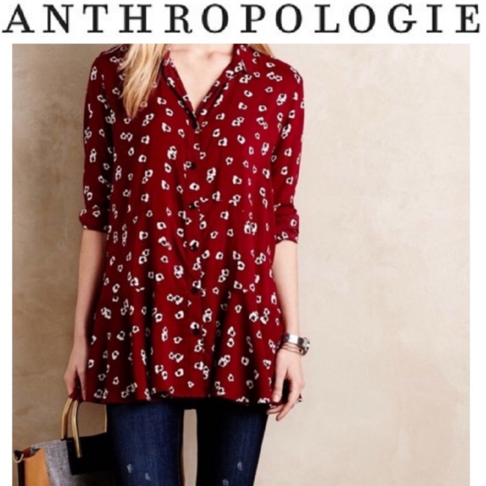 Anthropologie 11-1-TYLHO Tunic Blouse Red Floral